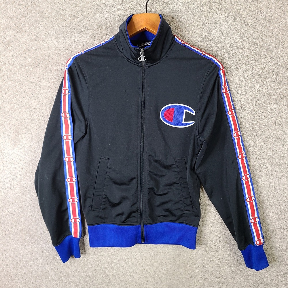 Champion Jacket Mens XS Black Red Blue Track Jacket Logo Tape‎ Full Zip Track